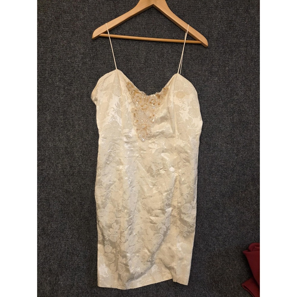 Vintage Speed Dress‎ Womens M White Jacquard Slip Beaded V Neck Short Sheath